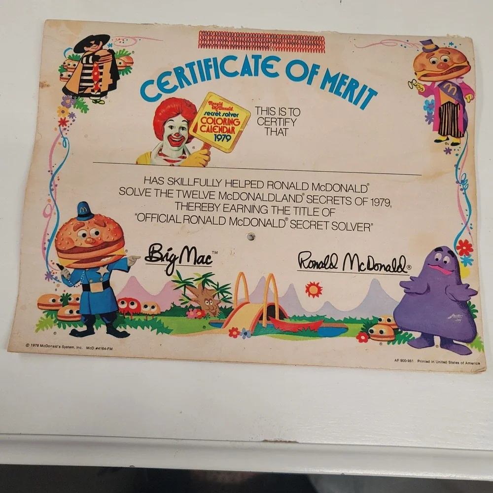 1979 Ronald McDonald Secret Solver‎ Coloring Calendar Kit Certificate of Merit
